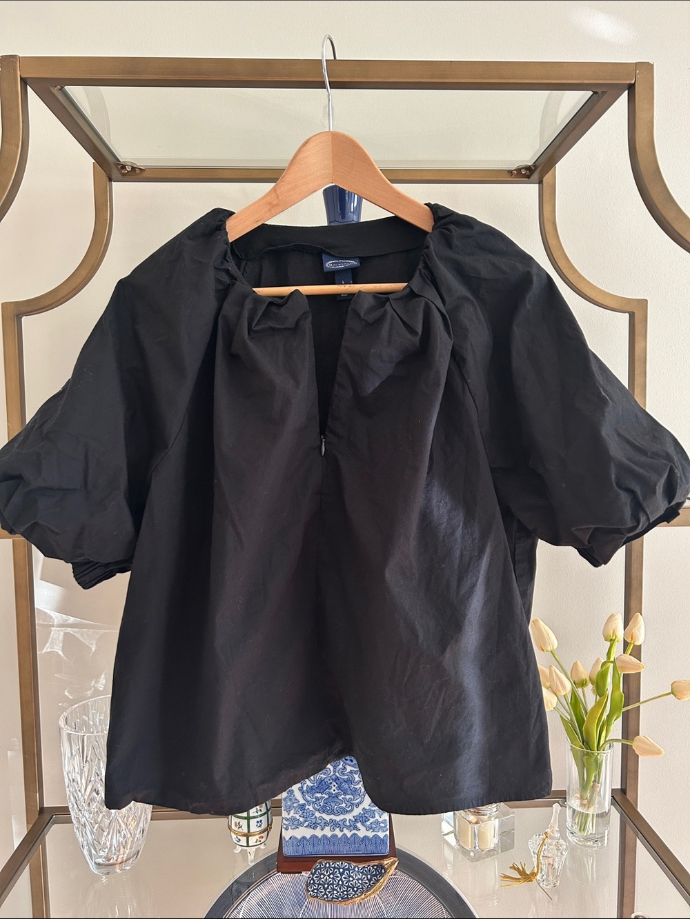 Scoop NYC Black Puff-Sleeve Peasant Top